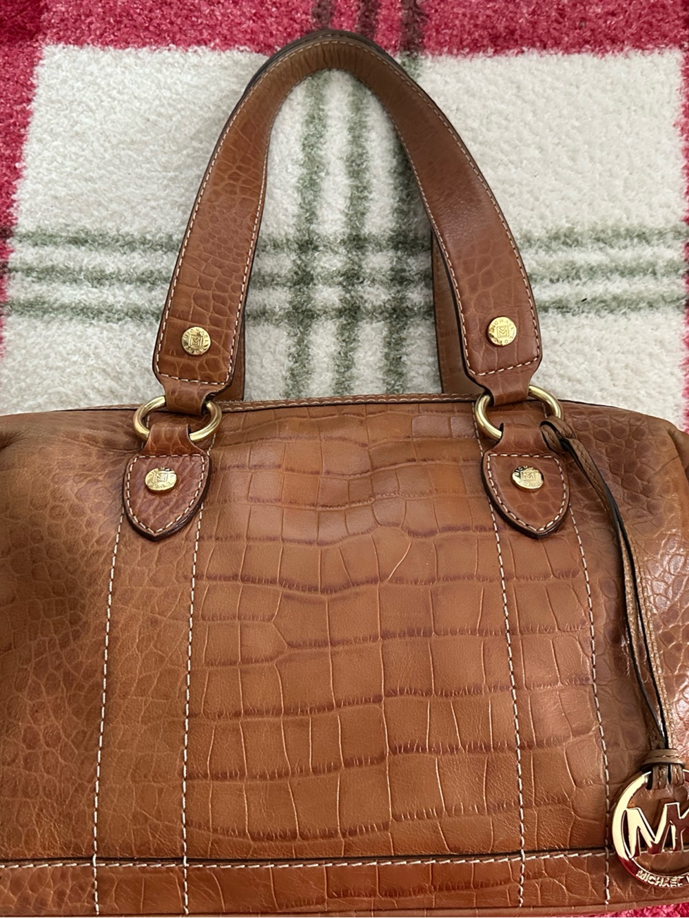Michael Kors Brown Croc-Embossed Leather Shoulder Bag with Gold Hardware